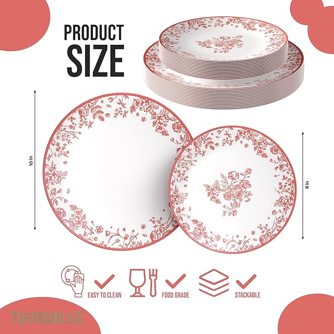 Trendables Disposable Plates For Party Supplies | Pink Floral Plastic Plates For Wedding 200 Pcs - 100 X 8 & 100 X 10 Dinner Plate Sets | Floral Plate Set Disposable Plastic Dinnerware Sets