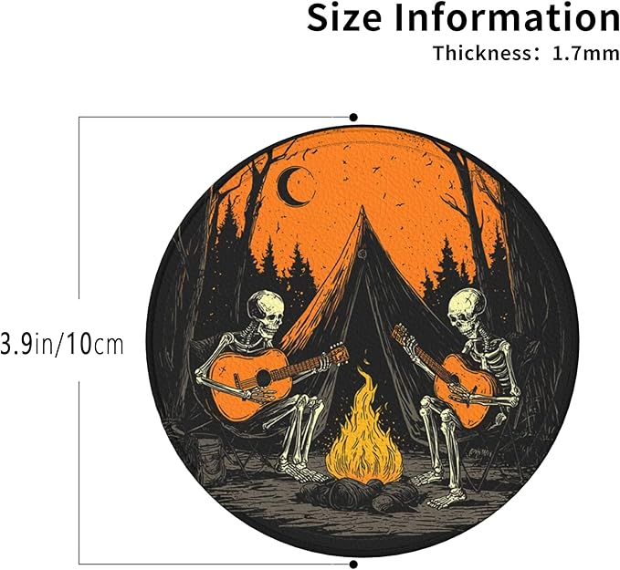 Halloween Skull Coasters Leather Round Drink Coasters 6 Pcs Set with Holderor for Cup Drink Coffee Table Bar Home Decor