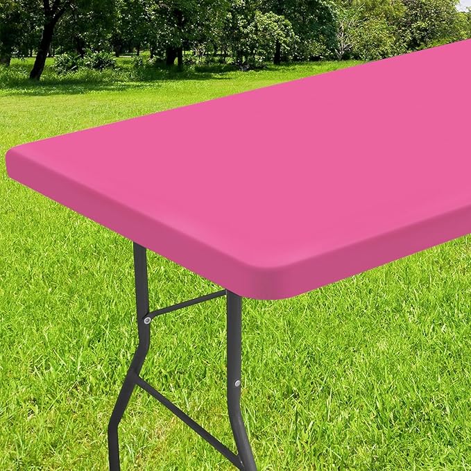 Smiry Rectangle Tablecloth, Elastic Fitted Flannel Backed Vinyl Tablecloths for 6ft Folding Tables, Waterproof Wipeable Table Covers for Indoor, Outdoor, Camping and Picnic (Rose Pink, 30"x72")