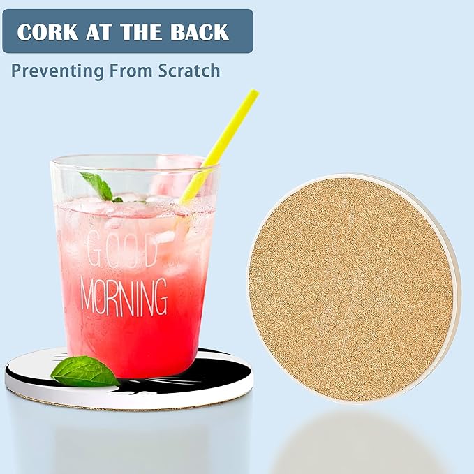Coasters for Drinks,Black and White Cat Ying Yang Absorbent Coaster Set of 4 with Cork Base,Ceramic Drink Coasters for Cold Drinks Wine Glasses Cups Mugs,Housewarming Gifts for Home Decor