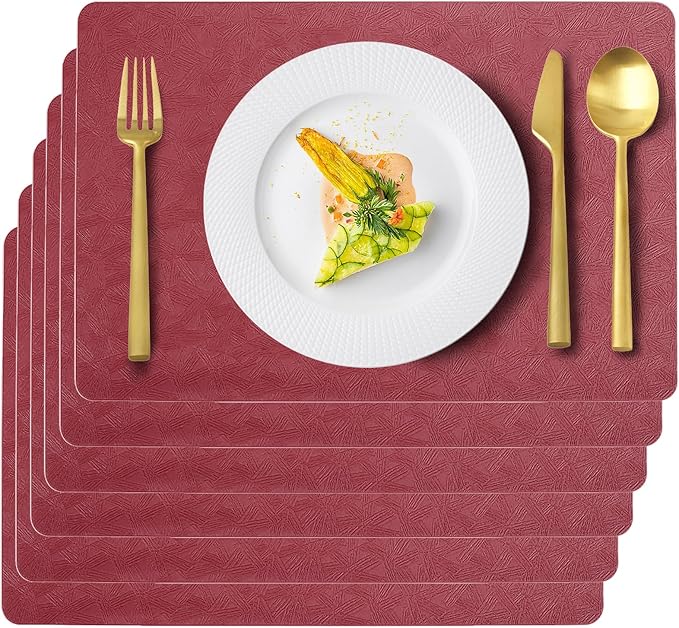 Vinyl Placemats Set of 6 Faux Leather 100% Waterproof Wipeable Washable Place Mats Heat Resistant Easy Clean Non-Slip Table Mats for Indoor Outdoor. (6,Red)