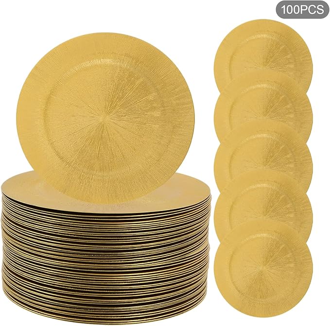 Charger Plates, 100pcs Gold 13inch Plastic Dinner Plate, Round Plastic Dinner Plate with Delicate Texture for Parties Wedding (Gold)