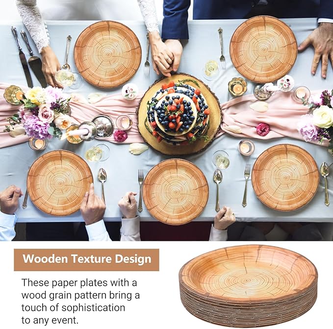 120 Pcs Wood Grain Paper Plates 7 Inch Farmhouse Round Disposable Plates Rustic Wood Slice Dish for Lumberjack Birthday, Christmas Dinner Supplies for Baby Shower, Woodland Party