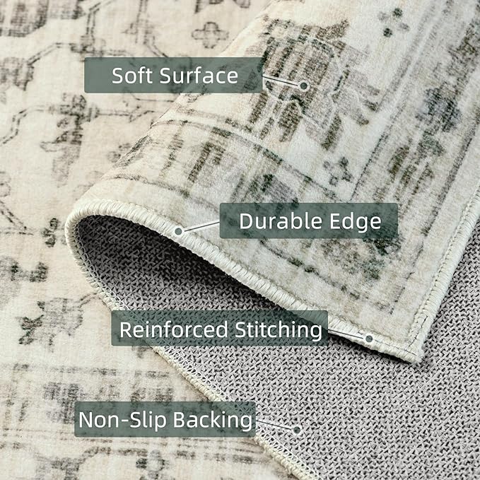 Deerly Boho Area Rug 9x12 Rugs for Living Room Distressed Area Rugs, Non Slip Washable Rugs Large Rug for Bedroom Dining Room Office, Floor Decoration 9 x 12 Rug (Cream)
