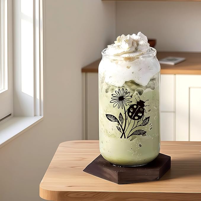 Cute Ladybugs Glass Cup With Lids And Straws, Ladybugs Gift For Women, Iced Coffee Cup, Iced, Coffee, Smoothie, Cocktail, Beer, Whiskey, Soda, Matcha,16 Oz, Home Office Table Desk Decoration!