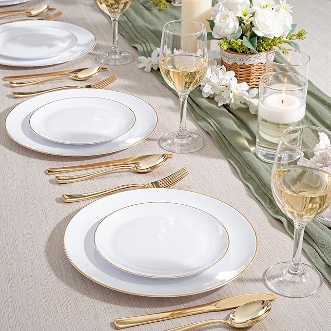 KIRE 60PCS Gold Plastic Plates - Thanksgiving Heavy Duty White Disposable Plates with Gold Rim for Party/Wedding- Include 30Pieces 10.25inch Dinner Plate and 30Pcs 7.5inch Dessert Plate