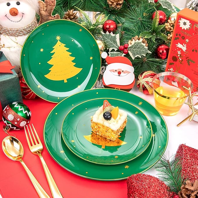 WDF 150pcs Christmas Plates Plastic Disposable - 25 Guests Green Plates with Gold Tree, Clear Gold Cups, Perfect for Christmas Parties