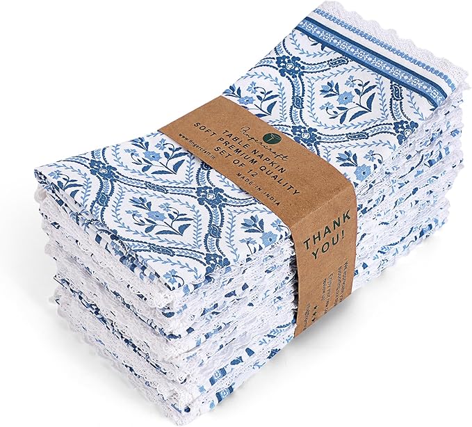 Fingercraft Dinner Cloth Napkin Cotton Linen Blend 12 Pack Mitered Corners with Elegant Lace for Everyday Use Napkins are Pre Shrunk and Good Absorbency (Damask, 20in x 20in (Set of 12))