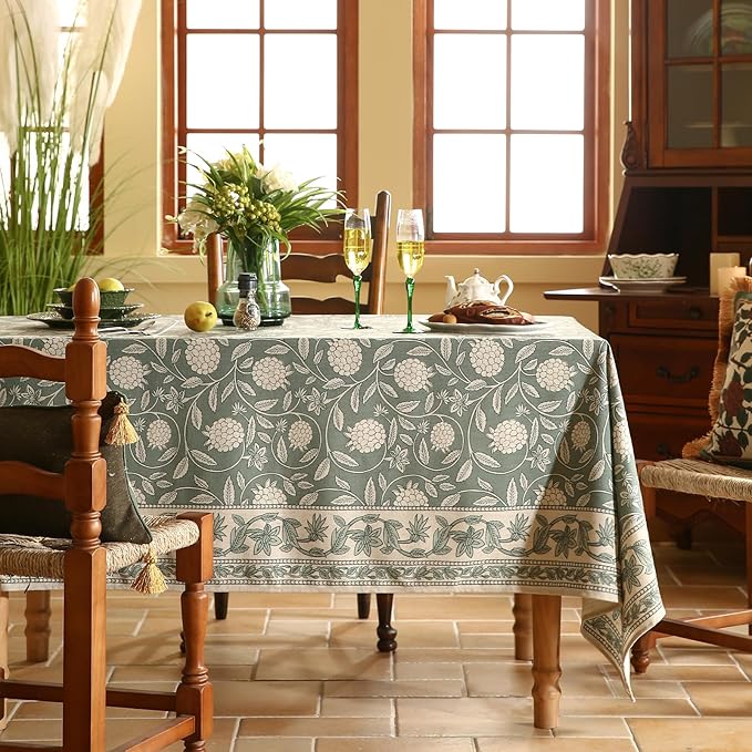 ISAENNE Designer Grayish Green Linen Extra Long Tablecloth Rectangle,Floral Stain Resistant Table Cloth,Fall Vintage Decor Tablecloths for Dining Thanksgiving Kitchen,63"*110"-Andrew A
