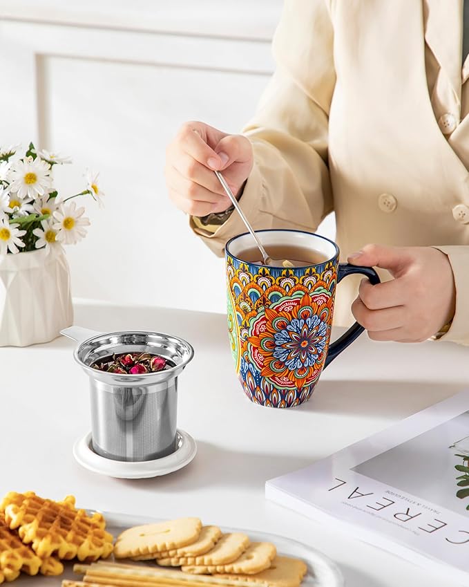 vancasso Ceramic Tea Mug with Infuser and Lid, 18 Ounce Bohemian Loose Leaf Cup, Microwave & Dishwasher Safe, Perfect for Tea, Coffee, Burnt-Cobalt Mandala