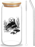 Cute Sea Otter Glass Cup With Lids And Straws, Sea Otter Gift For Women, Iced, Coffee, Smoothie, Cocktail, Beer, Whiskey, Soda, Matcha,16 Oz, Home Office Table Desk Decoration!