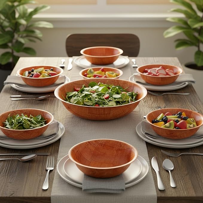 Fonteme|Winco 10-inch Wooden Serving Bowl, Set Of 6 | Round | Stackable | EZ To Wash | Great For Salads, Fruits, Snacks, And More [6PK]