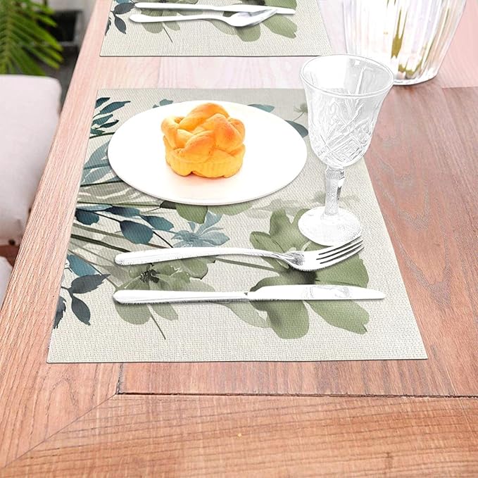 Spring Floral Placemats 12x18 Inches Set of 4,Watercolor Blue Green Flower Decorative Rectangle Summer Decor Floral Decoration Table Mats for Party, Home Kitchen,Dining Table Decoration