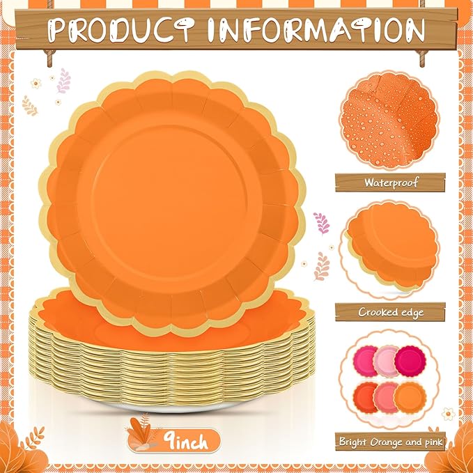 48 Pcs Pink and Orange Paper Plates 9 Inch Scalloped Paper Plates Disposable Dinner Dessert for Birthday Wedding Bridal Party Supplies, 6 Colors