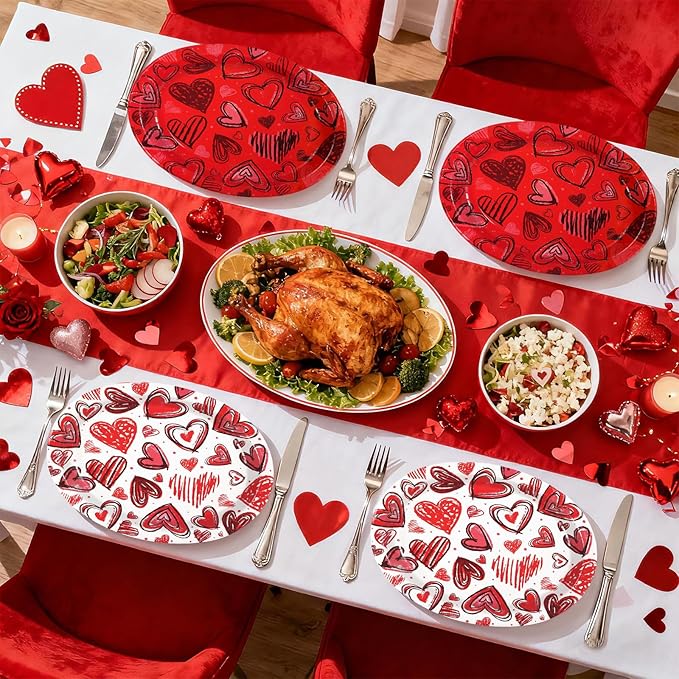 50Pcs Valentine’s Day Oval Paper Plates 10" x 12" Large Heavy Duty Watercolor Red Heart Disposable Plates Valentines Dessert Platters for Anniversary Wedding Birthday Party Supplies Decor