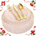 DaYammi 150Pcs Pink Plastic Plates with Gold Rimmed & Gold Silverware,Pink Disposable Plates for Party Include 30 Dinner Plate,30 Dessert Plate,30 Knives,30 Forks,30 Spoons for Valentine's Day Party