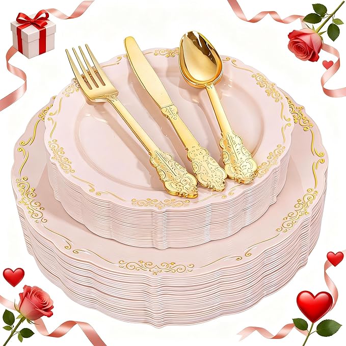 DaYammi 150Pcs Pink Plastic Plates with Gold Rimmed & Gold Silverware,Pink Disposable Plates for Party Include 30 Dinner Plate,30 Dessert Plate,30 Knives,30 Forks,30 Spoons for Valentine's Day Party