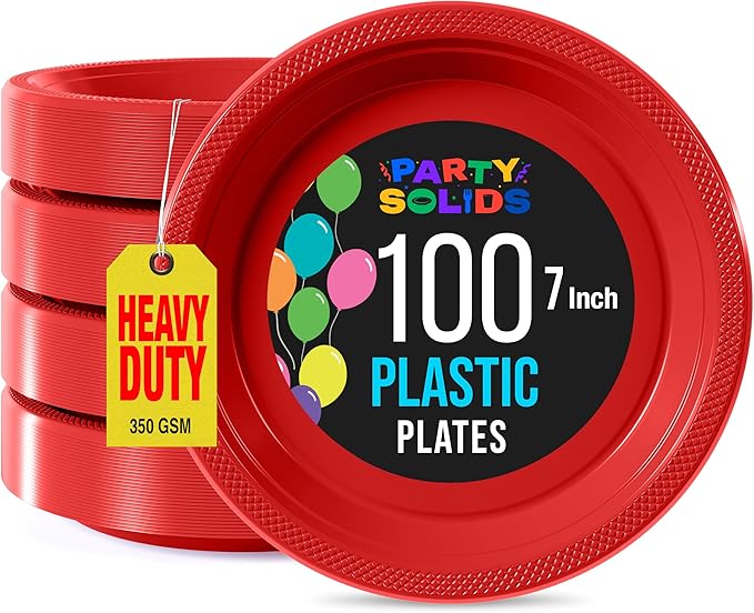 Red Plastic Plates For Party 7" Red Disposable Plates Heavy Duty 100 Pcs Plastic Dinnerware Sets Heavy Duty 350 GSM Disposable Dinnerware Set
