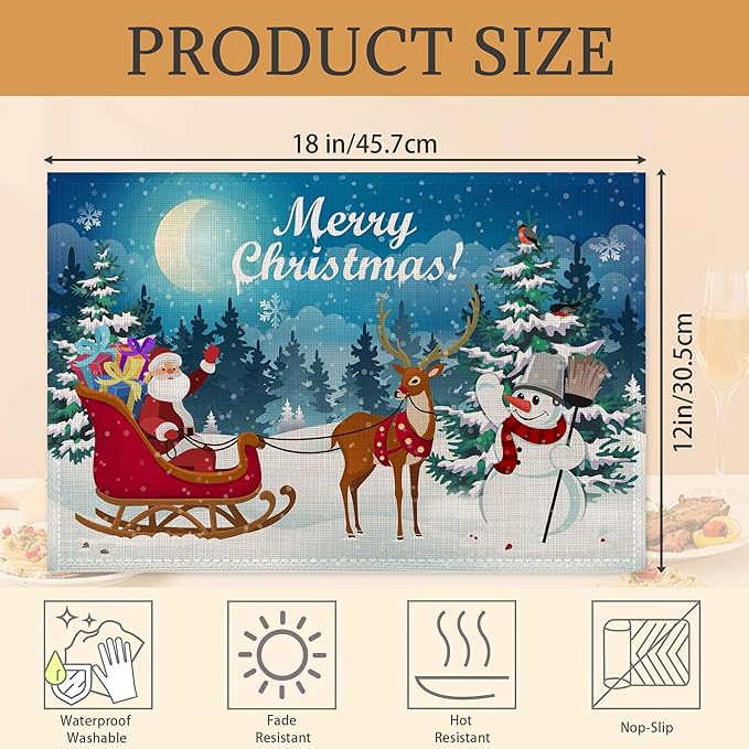 Christmas Santa Claus Deer and Snowman Placemats Set of 6 Washable Table Mats for Kitchen Dining Table,Heat-Resistant Place Mats for Indoor Outdoor Party Holiday Decoration
