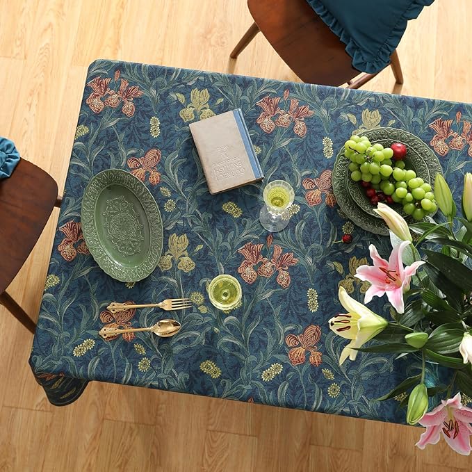 patdrea Designer Vintage Dark Blue Linen Rectangle Tablecloth,French Rustic Floral Pattern Tablecloths,Decorative Table Cover Cloth for Kitchen,Dining,Tea Party,Home,Christmas,63"*110"