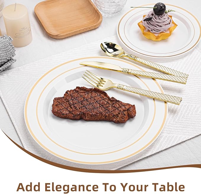 200PCS White Plastic Plates with Gold Rim, Disposable Heavy Duty Plastic Plate, 100 Dinner and 100 Dessert Plates for Party and Wedding