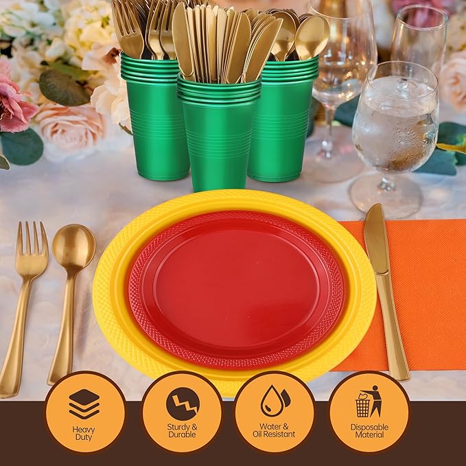 Kochorie 240 Pieces Plastic Dinnerware Set Disposable Heavy Duty Plates Napkins Cups and Silverware Dessert Dinner Plates for Birthday Wedding Thanksgiving Party Supplies, Serves 30 Guests