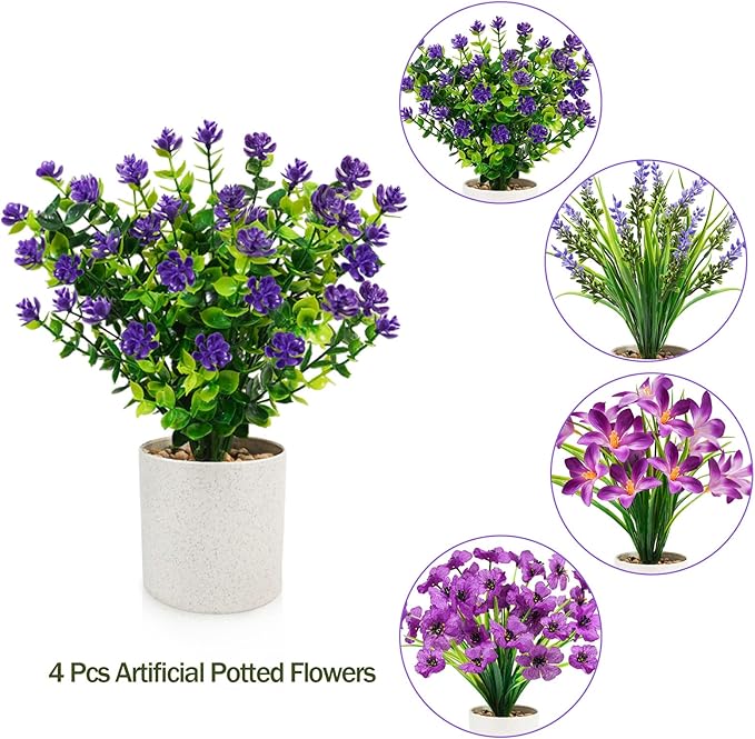 4 Packs Artificial Pot Flowers, Mini Purple Fake Potted Flowers Small Faux Plants Indoor for Home Office Bathroom Farmhouse Tabletop Spring Decor