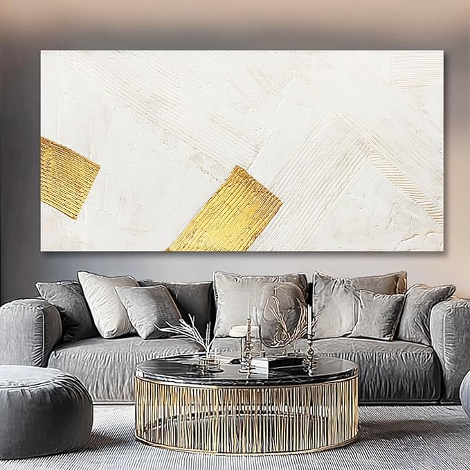 YJYart Large Canvas Wall Art Abstract Wall Decor White Modern Pictures Gold Hand Hand-Drawn Paintings For Home Office Hotel 29"x58"