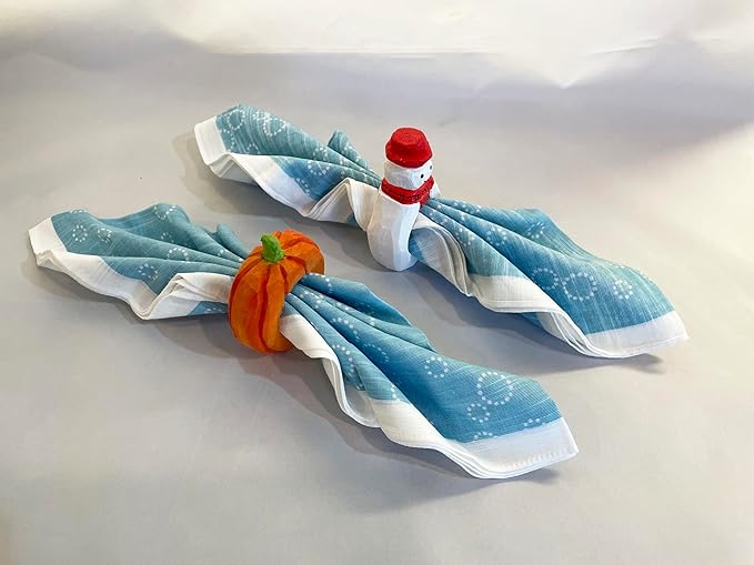 Set of 4 Hand-Carved Wooden Holiday Napkin Rings – Christmas Tree, Santa, Pumpkin, Snowman Design