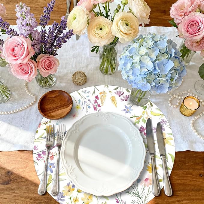 50PCS Floral Disposable Paper Placemats 13.5 Inch Flowers Placemats Pastel Watercolor Round Table Mats for Spring Weddings, Brunch & Garden Parties