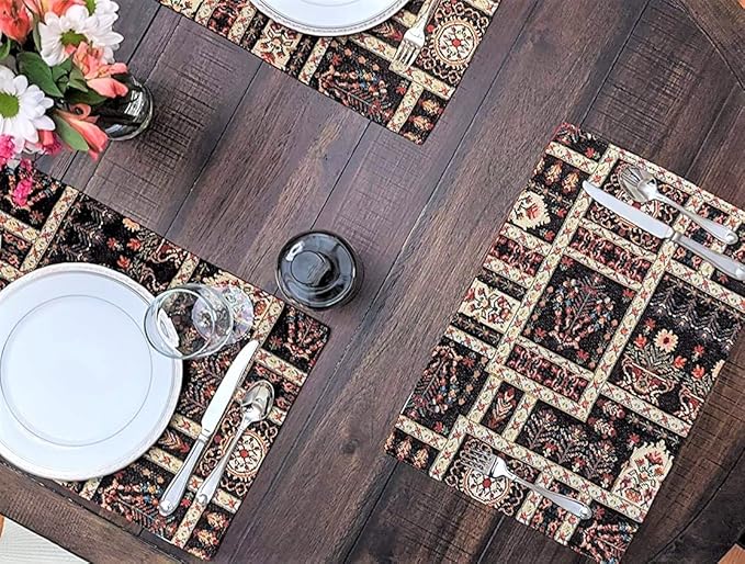 DaDa Bedding Turkish Batik Mughal Floral Tapestry Set of 4 Placemats - Woven Cotton Linen Kitchen Dining Table Mats - Multi-Colorful Black Vintage Indian Garden Ornament Dark Botanical - 13” x 19”