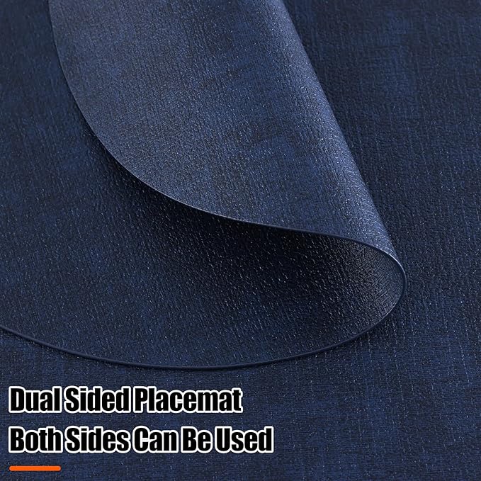 Homaxy Round Faux Leather Placemats and Coasters, Washable Dual-Side Table Mats, Wipeable Heat-Resistant Dining Place Mats for Outdoor and Indoor, Set of 12, Diameter 13 and 3.93 inch, Navy Blue