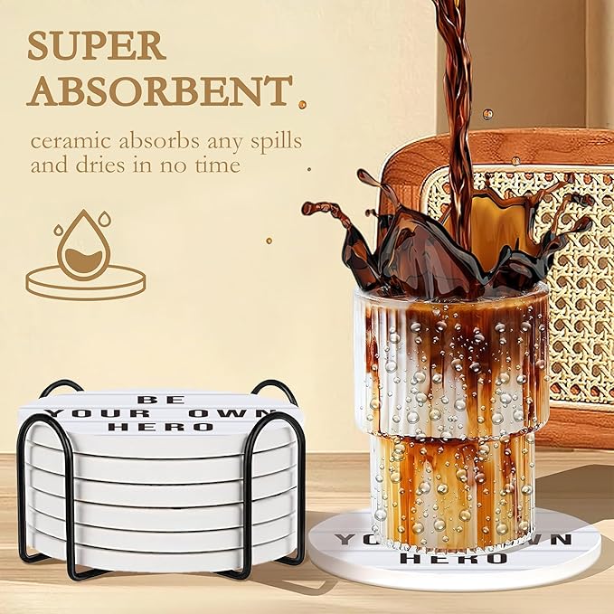 Coasters Set with Holder, 6 Pcs Motivation Quote Absorbent Ceramic Drink Pads, Non-Slip Table Protectors for Coffee & Glasses