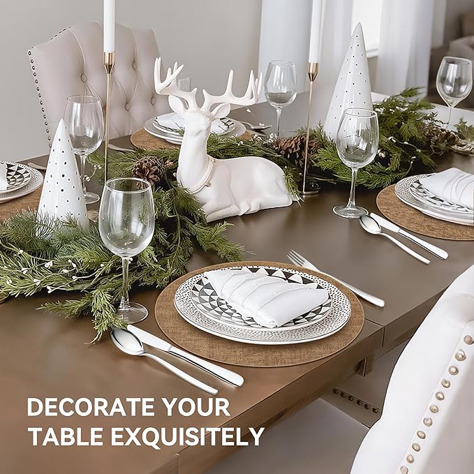 13" Round Placemats Set of 6, Reversible Faux Leather Heat Resistant Table Mats, Waterproof Oilproof Wipeable Table Protective Placemats for Vinyl, Washable for Indoor & Outdoor Use (6, Light Brown)