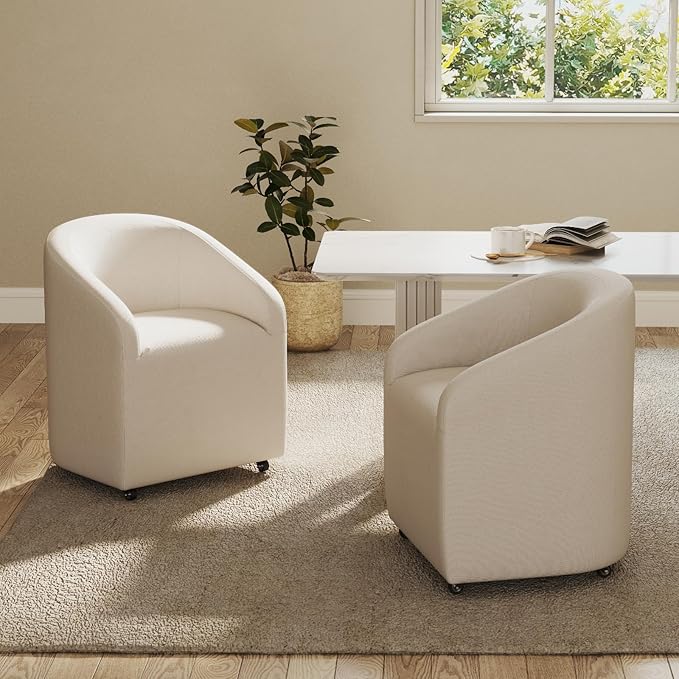 Modern Barrel Dining Chairs with Rolling Casters Set of 2, Upholstered Linen Swivel Dining Room Chairs with Wheels for Kitchen Living Room Home Office, Beige