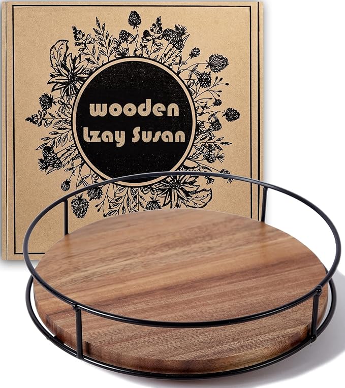 9" Acacia Wood Lazy Susan Turntable, Tomoaza Kitchen Organizer Turntable with Steel Sides, 360 Degree Lazy Susan for Countertop Cabinet or Dining Table