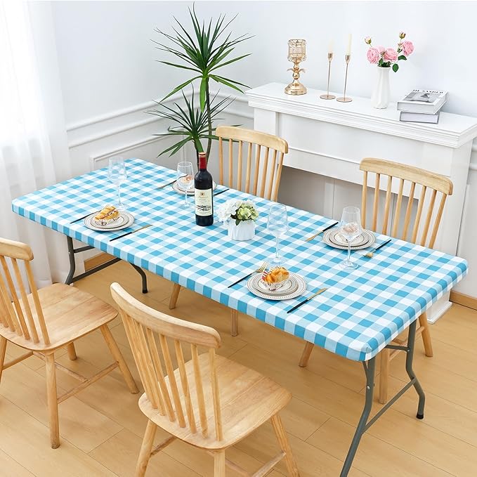 Smiry Rectangle Picnic Table Cloth, Elastic Waterproof Fitted Vinyl Tablecloths, Flannel Backed Buffalo Plaid Table Covers for Dining, Camping, Outdoor (White and Aqua, 36" x 60")