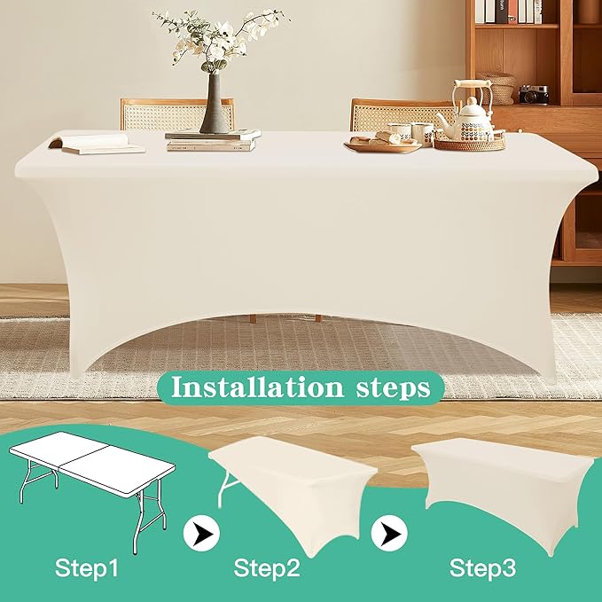 6FT Table Cloth for Rectangular Fitted Events Stretch Cream Table Covers Washable Spandex Tablecloth Protector for Party, Wedding, Cocktail, Banquet, Festival