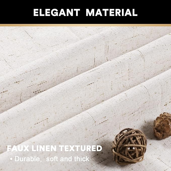 PrinceDeco Primitive Textured Linen 100% Blackout Curtains for Bedroom/Living Room Energy Saving Window Treatment Curtain Drapes, Burlap Fabric with White Thermal Insulated Liner (52 x 96 in, Ivory)