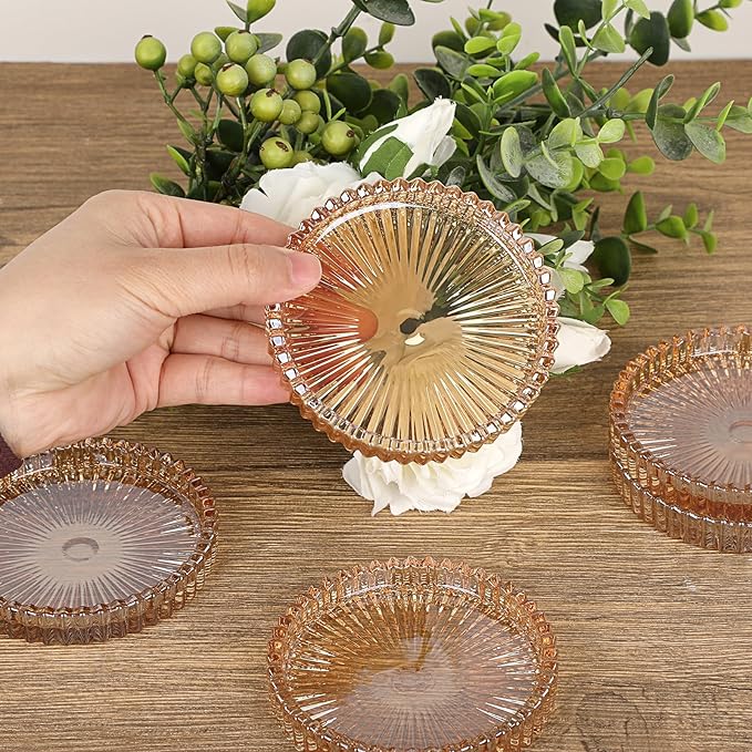 JUXYES 5 Pack Amber Tone Crystal Coasters Round Cup Mat, Glass Coasters for Drinks Coffee Tea Wine, Decorative Wine Bottle Coaster, Crystal Drink Coaster for Restaurant bar Kitchen Dining Table
