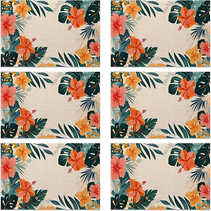 Placemats Set of 6 Tropical Floral Orange Flowers Place Mats Washable Kitchen Dining Linen Table Mats Stain Heat, for Home Party Indoor 12x18 in
