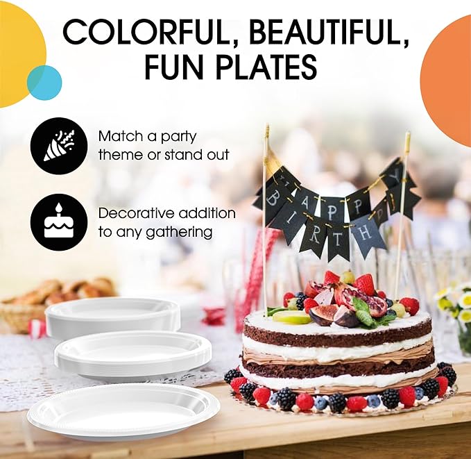 White Plastic Plates For Party 7" White Disposable Plates Heavy Duty 100 Pcs Plastic Dinnerware Sets Heavy Duty 350 GSM Disposable Dinnerware Set