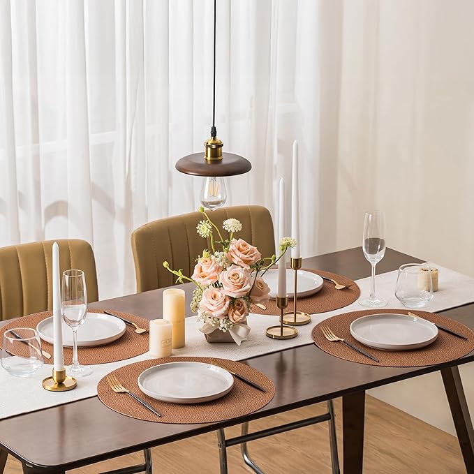 Jovono 15" Faux Leather Big Round Placemats Set of 6 - Washable Heat Resistant Non-Slip Dining Table Mats with Fabric Texture for Kitchen Home Party Decor, Brown