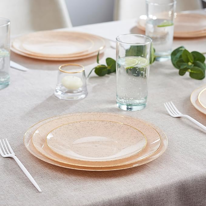 PLASTICPRO 30 Pack Disposable Plastic Plates Heavyweight Granite Look Elegant 9 inch Dinner Plates Pink with Gold Rim