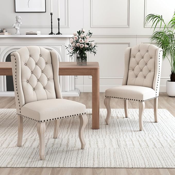 chairus Tufted Parsons Dining Chairs Set of 2, French Country Upholstered Dining Room Chairs with Nailhead Trim & Curved Wood Legs, Farmhouse High Back Armless Side Kitchen Chairs, Beige Linen