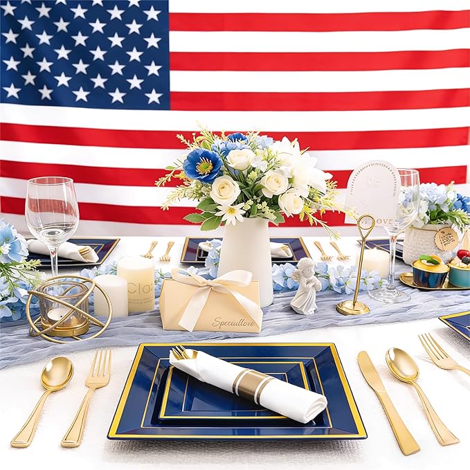 Liacere 100PCS Blue and Gold Square Plastic Plates-50PCS Heavy Duty 9.5inch Disposable Dinner Plates and 50PCS 6inch Blue Dessert Plate - Gold Plastic Plate for Party&Washington's Birthday