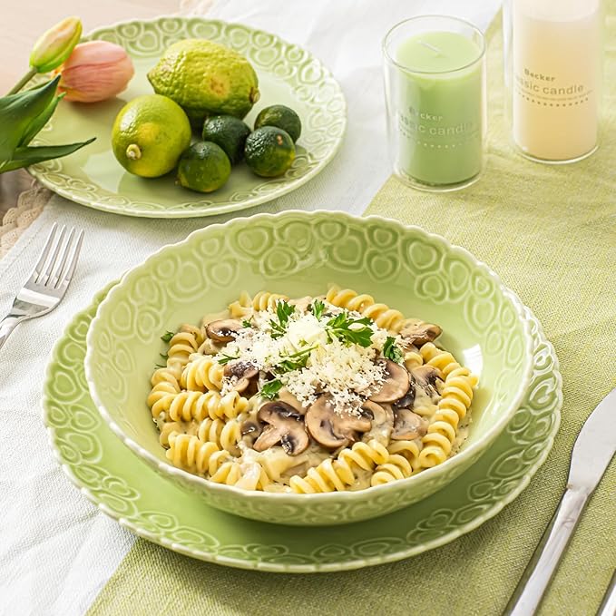 HOMBENE Heartbeat Pasta Bowls Set of 4, 28oz Salad Bowls Soup Bowl for Kitchen, Porcelain Wide and Shallow, Noodle, Soup, Pasta,Dinner, Microwave & Dishwasher Safe (Mint Glow Green)