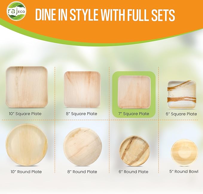 Raj Palm Leaf Plates [100-Pack] 7" Square Plates (2 CASES - 200 PACK) like Bamboo plates Disposable, Strong, Decorative Compostable Tableware for weddings, Lunch, Dinner, Birthday, Camping, Outdoor
