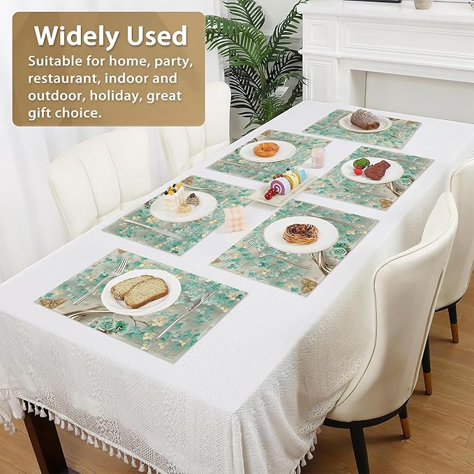 Golden Butterfly and Green Flowers Place Mats Set of 6, Table Mats,Heat Insulation Non Slip Washable Dining Placemats for Wedding Holiday Party Kitchen Decor 12X18 in