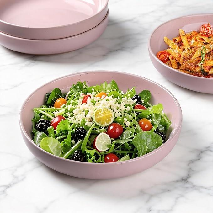 AmorArc 8.75'' Large Ceramic Pasta Bowls, 36oz Handpainted Stoneware Bowls Set of 4, Microwave&Dishwasher Safe Bowls with Rustic Terracotta Underside for Pasta Salad, Cloud Pink